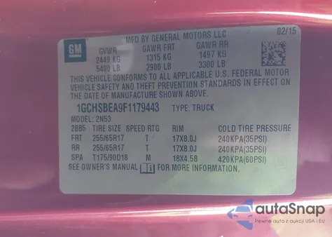 2015 Chevrolet Colorado Lt из США, поврежденный, VIN 1GCHSBEA9F1179443